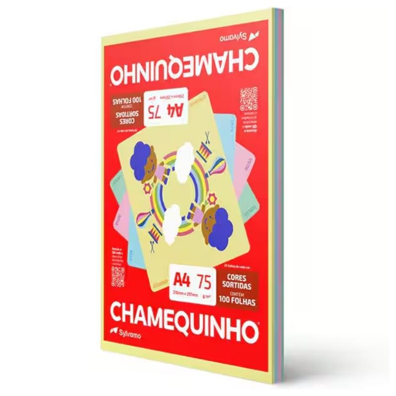 Papel Sulfite Chamequinho A4 75g com 4 Cores (Amarelo, Azul, Rosa e Verde) - 100 Folhas