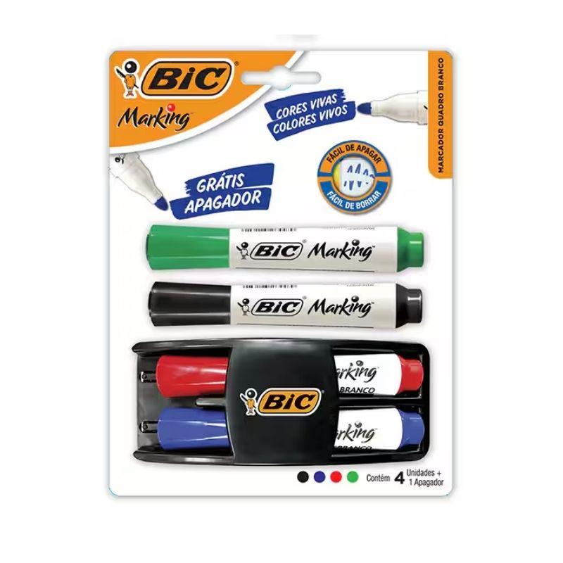 Kit Pincel Marcador Quadro Branco BIC com Apagador Marking 4 Cores Clássicas