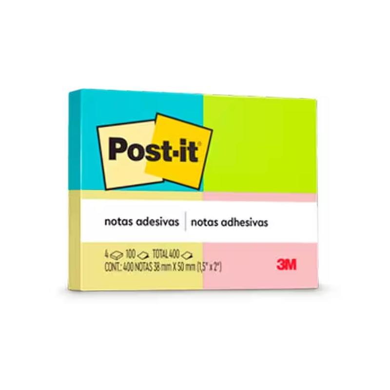 Bloco Adesivo Post-It 4 Cores Neon 38x50mm - 4 Unidades de 100 Folhas Cada