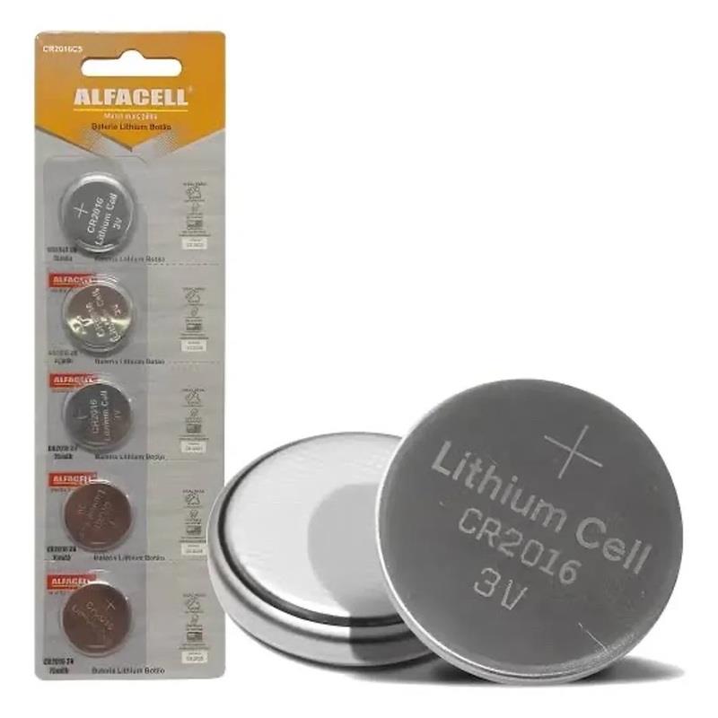 Cartela Baterias Lítio Botão CR2016 3V Alfacell - 5 Unidades