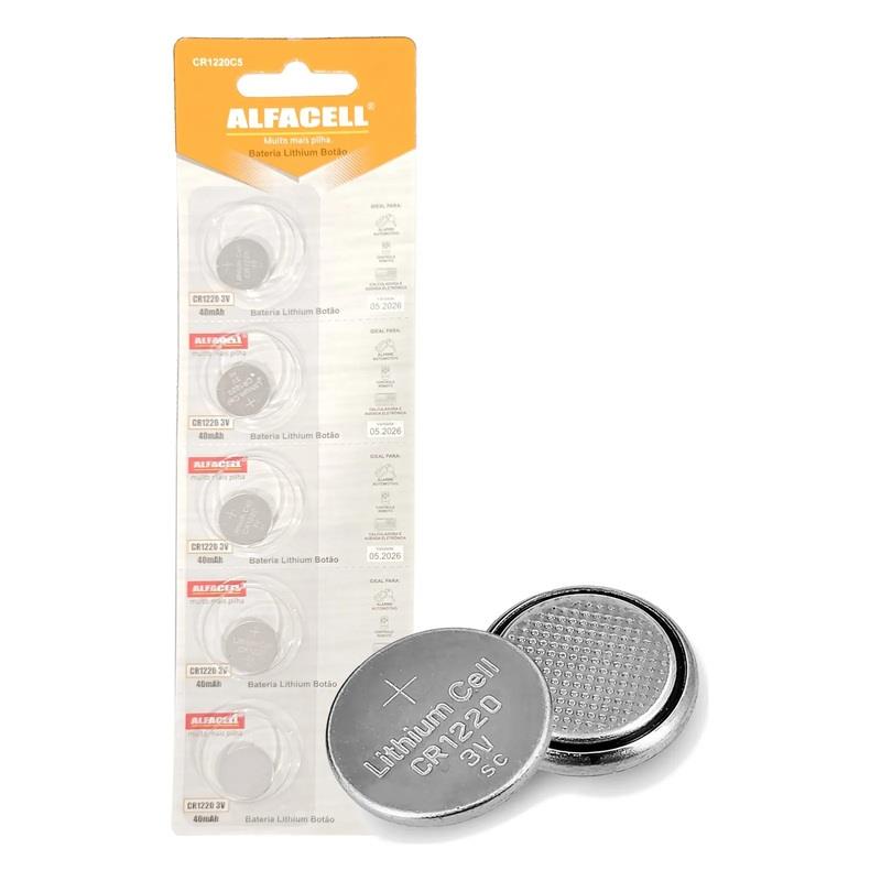 Cartela Bateria Lítio CR 1220 Botão Alfacell 3V - 5 Unidades