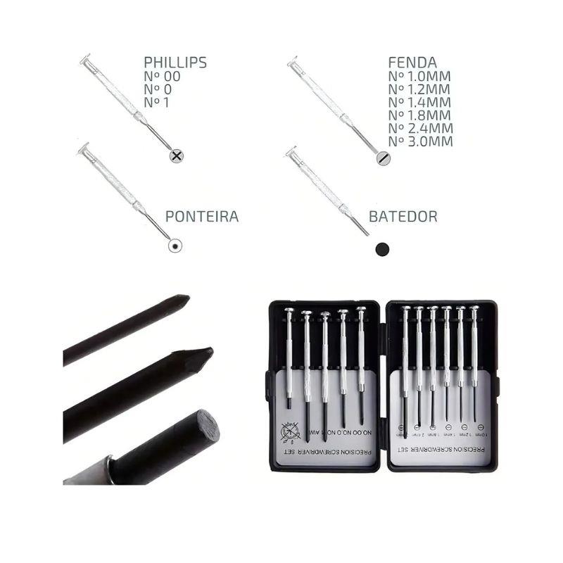 Conjunto Chaves de Precisão Phillips e Fenda Relojoeiro - 11 Peças