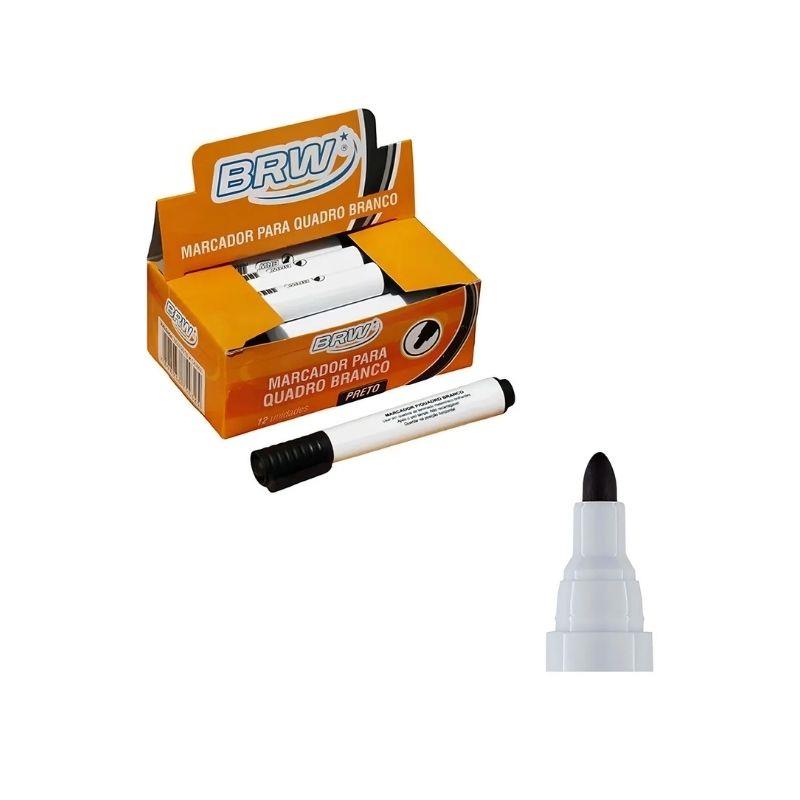 Caixa 12 Marcadores Quadro Branco Ponta Redonda 1.5mm BRW Preto - 12 Unidades