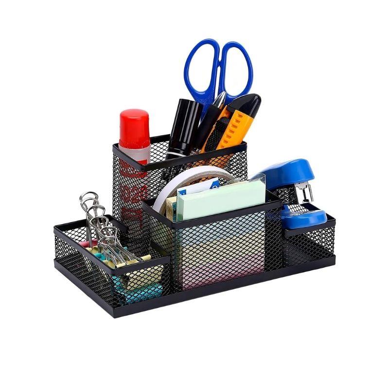 Organizador de Mesa Porta Canetas Aramado Metal 4 Divisões Preto