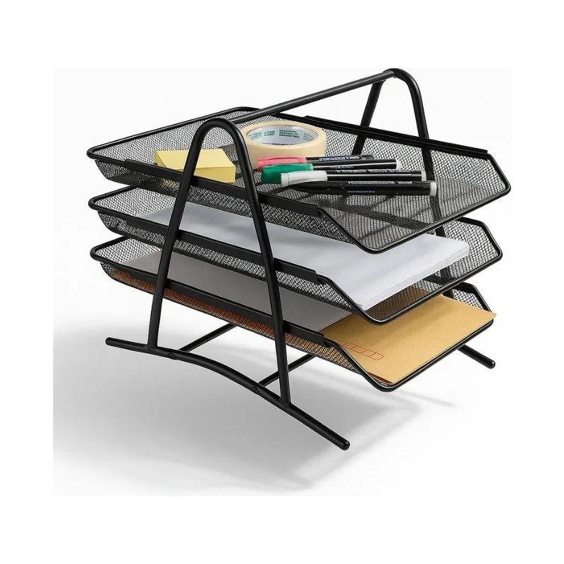 Organizador Documentos de Mesa A4 3 Bandejas Aramado Metal Preto