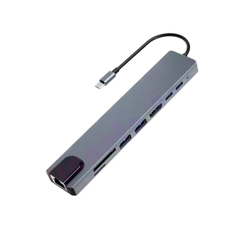Hub USB Tipo C 8 Portas HDMI 4K Cinza