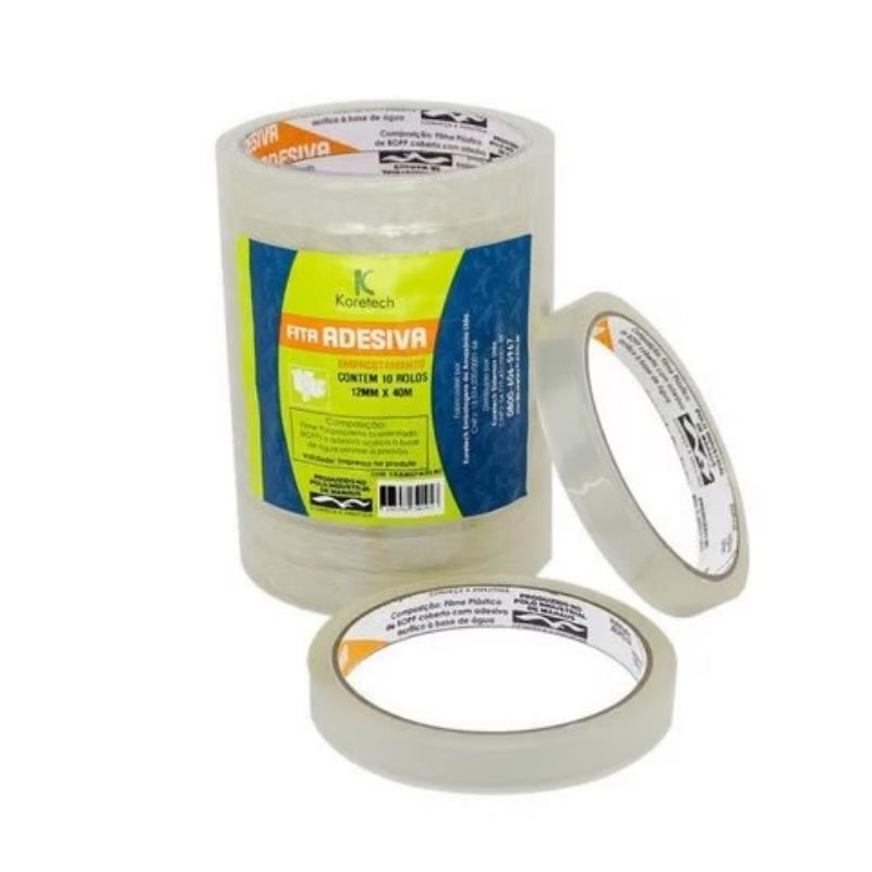 Kit 20 Rolos Fita Adesiva Transparente 12mm x 40m Koretech - 20 Unidades