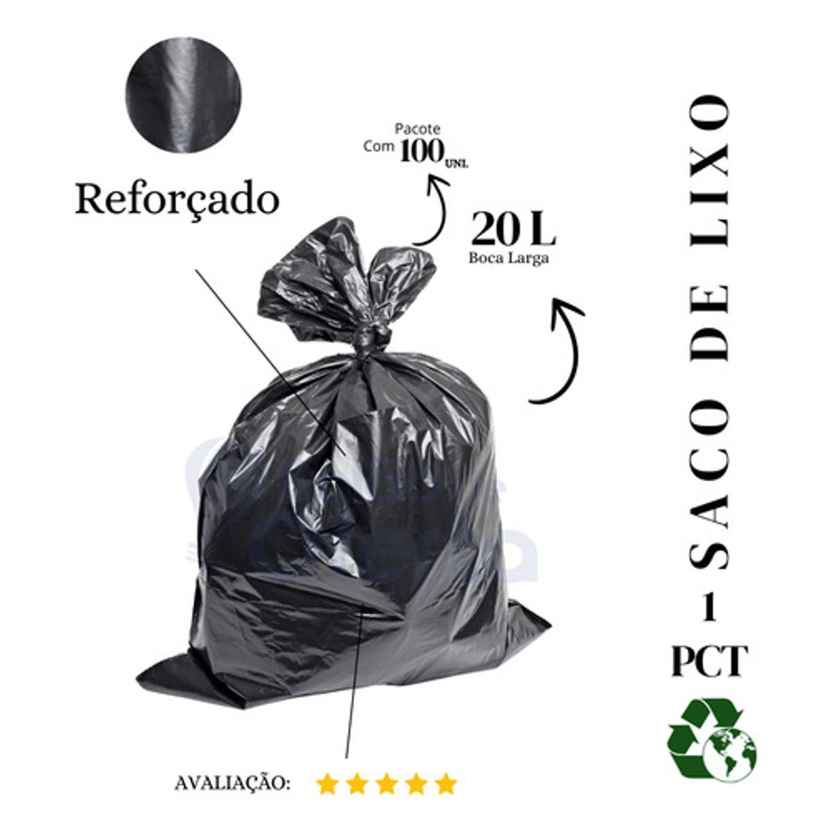 Saco De Lixo 20 Litros Reforçado Preto - 100 Unidades