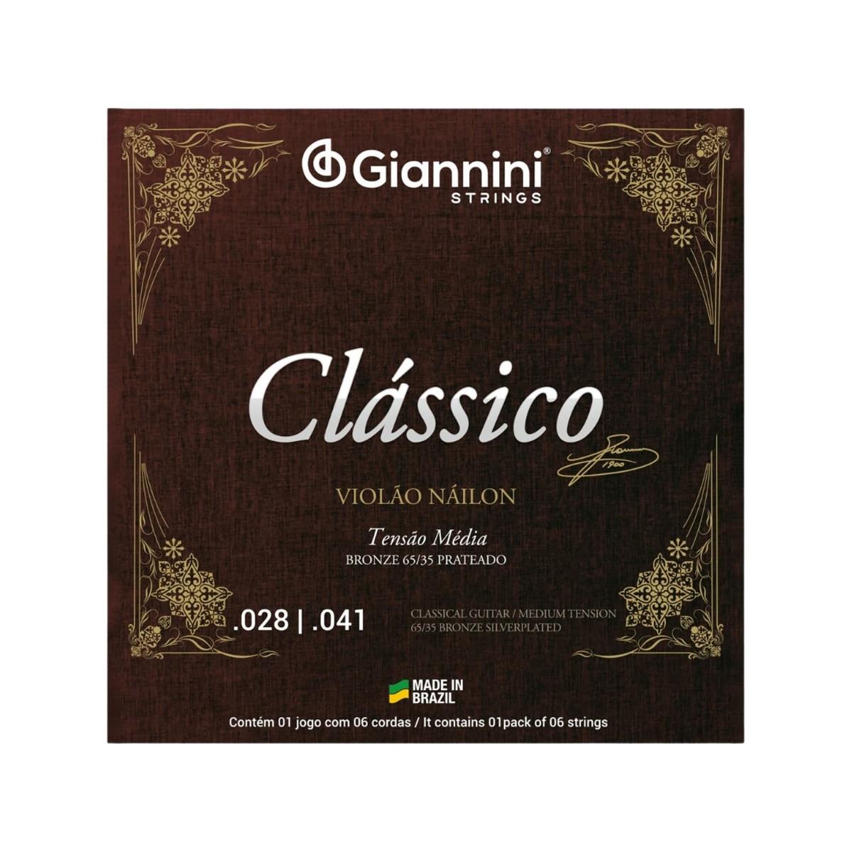 Encordoamento Giannini Clássico P/violão Nylon 65/35 Prateado Média Genwpm