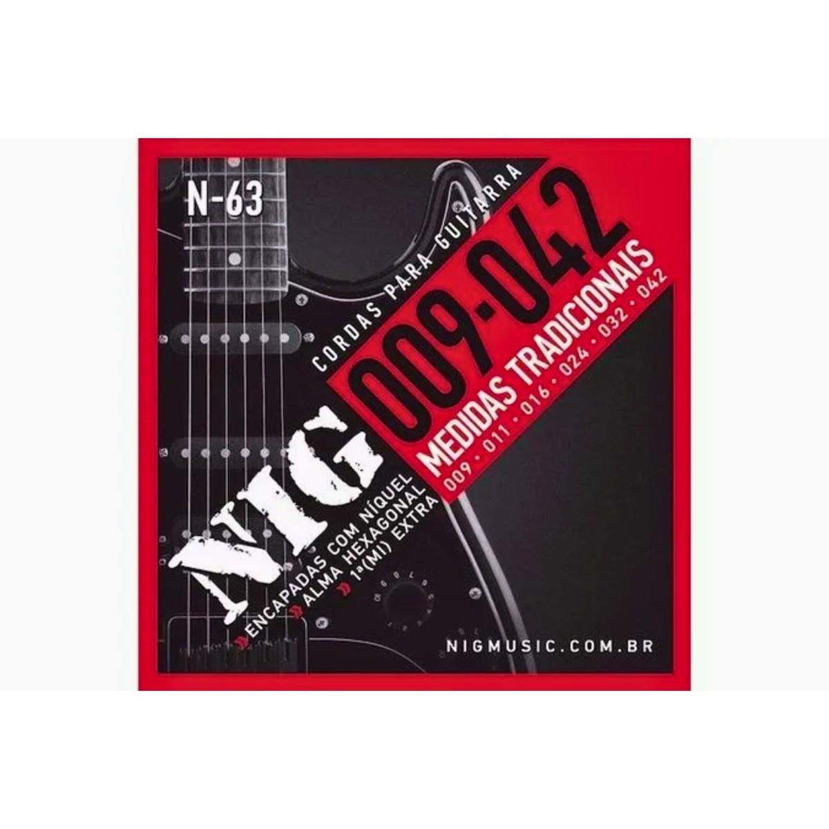 Encordoamento Guitarra 009 1ª Mi Extra + Palheta N63 Nig