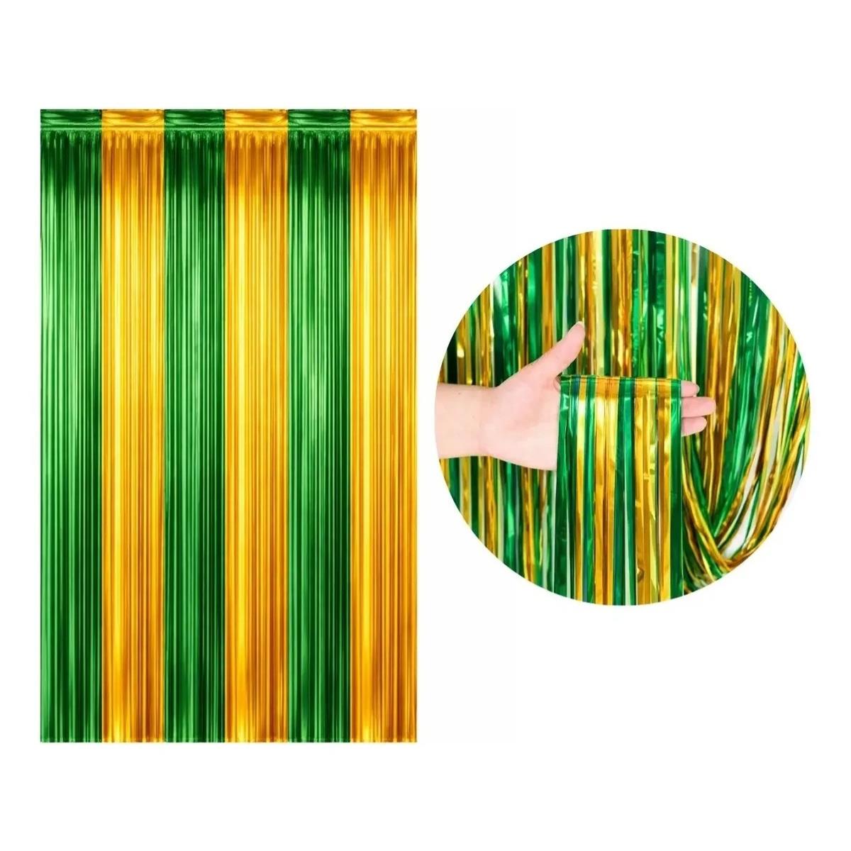 Cortina Metalizada Verde e Amarelo Brasil 100x200cm Qfesta