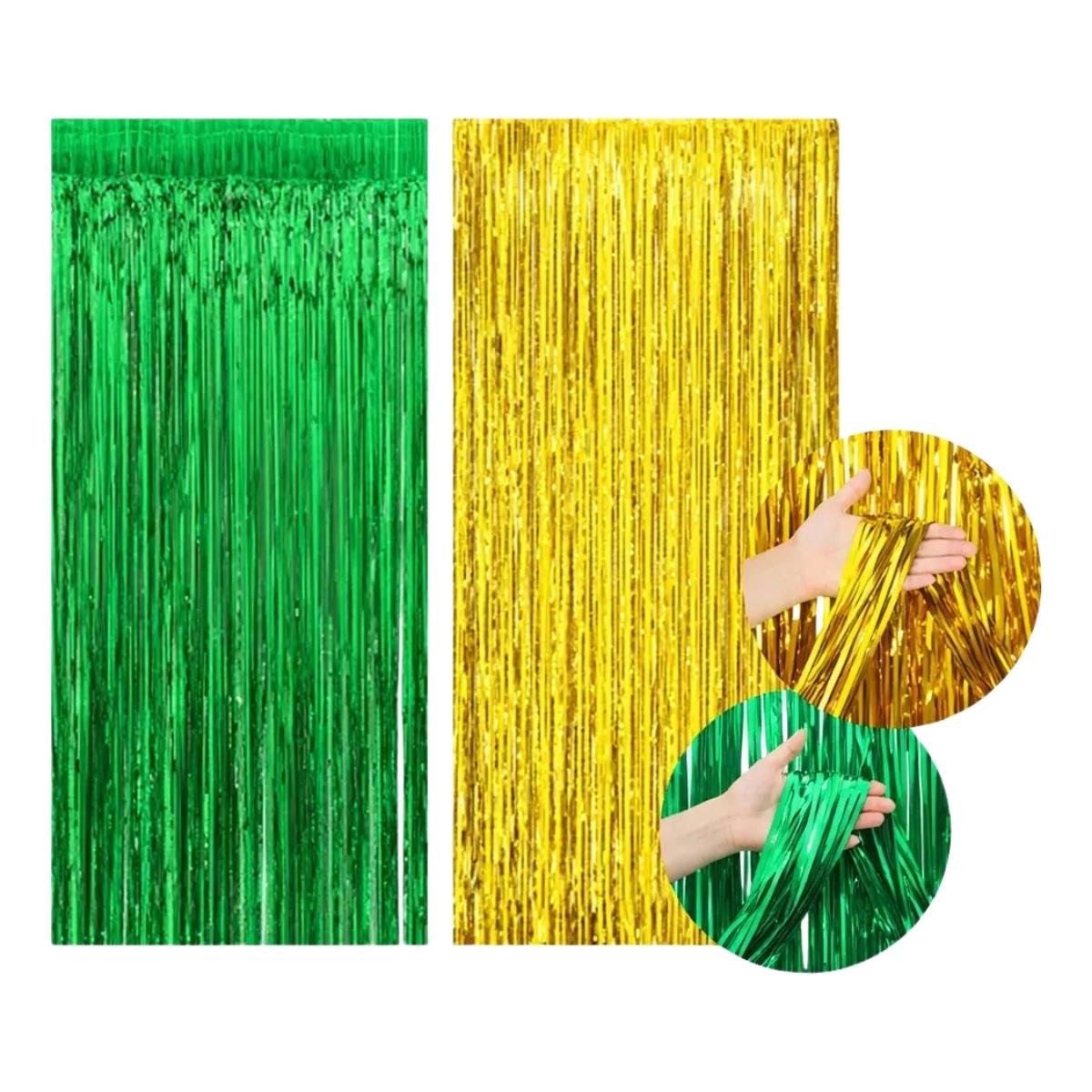 Kit 2 Cortinas Metalizadas Verde e Amarelo Brasil Qfesta - 100x200cm cada